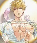  1boy abs bags_under_eyes blonde_hair covered_nipples d_n_bb1083 ermine ferret large_pectorals looking_at_viewer male_focus muscular muscular_male navel nipples nu_carnival pectorals quincy_(nu_carnival) see-through see-through_shirt shirt short_hair topper_(nu_carnival) weasel white_shirt yellow_eyes 