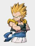  1boy blonde_hair closed_mouth crossed_arms dragon_ball dragon_ball_z gotenks green_eyes grey_background kemachiku looking_to_the_side male_focus muscular muscular_male short_hair simple_background smile solo super_saiyan 