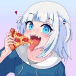  blue_eyes blush food gawr_gura highres holding holding_food holding_pizza hololive hololive_english looking_at_viewer non-web_source open_mouth pikopeko pizza pizza_slice tongue tongue_out virtual_youtuber white_hair 