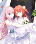  2girls ai-assisted blue_eyes blush bocchi_the_rock! bridal_veil carrying commentary_request dress elbow_gloves flower gloves gotou_hitori green_eyes hair_flower hair_ornament highres kadohusa_ginpo kita_ikuyo long_hair multiple_girls pink_hair princess_carry red_hair tiara veil wedding wife_and_wife yuri 