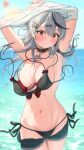  1girl arms_up bikini black_bikini blue_sky bowsan breasts closed_mouth clothes_lift floating_hair grey_hair hair_ornament highres hololive large_breasts lifted_by_self long_hair looking_down multicolored_hair navel red_eyes sakamata_chloe shirt_lift sky solo stomach streaked_hair swimsuit untied_bikini virtual_youtuber wardrobe_malfunction wet x_hair_ornament 