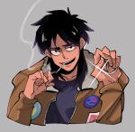 1boy black_eyes black_hair black_shirt bomber_jacket cigarette commentary_request fingernails grey_background holding hood_ornament inudori itou_kaiji jacket kaiji long_hair long_sleeves looking_at_viewer male_focus medium_bangs mercedes-benz open_clothes open_jacket open_mouth shirt simple_background smile smoking solo teeth upper_body upper_teeth_only 