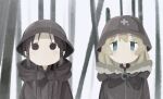  2girls absurdres aqua_eyes black_eyes black_hair blonde_hair brodie_helmet brown_jacket chito_(shoujo_shuumatsu_ryokou) closed_mouth combat_helmet day fur-trimmed_hood fur_trim helmet highres hood hood_down hooded_jacket jacket long_hair looking_at_viewer low_twintails multiple_girls naaga_sonomono outdoors rain shoujo_shuumatsu_ryokou stahlhelm straight-on tareme twintails upper_body yuuri_(shoujo_shuumatsu_ryokou) zipper_pull_tab 