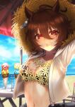  1girl absurdres agnes_tachyon_(umamusume) ahoge alternate_costume animal_ears arms_up beach beach_umbrella bikini black_bikini blurry blurry_background breasts brown_hair chair cleavage cloud commentary_request day emil1030_blue food hair_between_eyes hat highres horse_ears ice_cream jacket looking_at_viewer medium_breasts navel ocean open_clothes open_jacket outdoors puckered_lips raised_eyebrows red_eyes sand solo straw_hat swimsuit table twitter_username umamusume umbrella upper_body white_jacket 