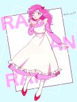 1girl character_name clenched_hand dress frilled_dress frills full_body highres layered_dress looking_to_the_side nanashi_(mia) open_hand pantyhose pink_dress pink_eyes pink_hair ran_(urusei_yatsura) red_footwear smile solo twitter_username urusei_yatsura white_dress white_pantyhose 