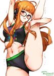  1girl ahoge armpits behind-the-head_headphones black_buruma black_sports_bra blush breasts buruma glasses headphones high_ponytail long_hair looking_at_viewer medium_breasts midriff mina_cream navel orange_hair parted_lips persona persona_5 ponytail print_shirt red_eyes sakura_futaba shirt simple_background solo split sports_bra standing standing_on_one_leg standing_split stomach struggling tetris thighs trembling white_background 