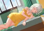  1girl bed breasts cleavage closed_eyes curtains day drooling facing_viewer feet_out_of_frame highres indoors lens_flare long_hair lying medium_breasts on_side original pajamas pillow solo white_hair window xiaoshuijing yellow_pajamas 