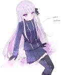  1girl arm_support artist_name belt black_gloves black_ribbon black_skirt black_thighhighs braid buttons cosplay danganronpa:_trigger_happy_havoc danganronpa_(series) double-breasted feet_out_of_frame gloves grey_hair hair_ribbon kirigiri_kyoko long_hair long_sleeves master_detective_archives:_rain_code miniskirt moyuchocolats pink_eyes ribbon side_braid single_braid skirt solo thighhighs yuma_kokohead yuma_kokohead_(cosplay) 