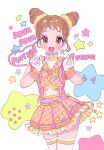  :d absurdres aikatsu! aikatsu!_(series) arisugawa_otome bad_id bow brown_hair checkered_bow checkered_clothes checkered_skirt choker double_bun frilled_choker frilled_skirt frilled_sleeves frills gloves hair_bun highres ichigomilk_us idol orange_eyes ow short_sleeves simple_background skirt smile source standing star_(symbol) thighhighs white_background white_gloves white_thighhighs wrist_cuffs zettai_ryouiki 