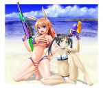  2girls absurdres american_flag_bikini animal_ears bikini black_hair blue_eyes blush breasts cat_ears cat_girl charlotte_e._yeager cleavage collarbone flag_print full_body green_eyes grin hand_on_own_hip highres large_breasts long_hair looking_at_viewer multiple_girls ocean open_mouth orange_hair outdoors rabbit_ears rabbit_girl red_liquid_(artist) sky small_breasts smile strike_witches swimsuit twintails water_gun white_bikini world_witches_series 