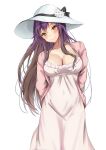  1girl absurdres alternate_costume amagi_(amagi626) black_ribbon blush breasts brown_hair closed_mouth collarbone dress eyelashes flower hair_between_eyes hat hat_removed hat_ribbon headwear_removed highres hijiri_byakuren jacket large_breasts lily_(flower) long_hair looking_at_viewer multicolored_hair open_clothes open_jacket pink_jacket purple_hair ribbon simple_background smile solo standing sundress touhou white_background white_dress white_flower white_headwear yellow_eyes 
