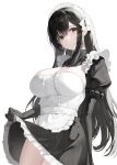 1girl apron black_dress black_gloves black_hair bow breasts cleavage clothes_lift commentary_request dress dress_lift elbow_gloves frilled_dress frilled_sleeves frills gloves hair_between_eyes haori_io highres large_breasts lifted_by_self long_hair looking_at_viewer maid maid_headdress original puffy_short_sleeves puffy_sleeves short_sleeves sidelocks simple_background solo thighs very_long_hair white_apron white_background white_bow yellow_eyes 