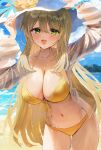  1girl :d arms_up beach bikini blonde_hair blue_archive blue_sky blush breasts cleavage cloud day flower green_eyes hat hat_flower highres large_breasts long_hair navel nonomi_(blue_archive) nonomi_(swimsuit)_(blue_archive) official_alternate_costume open_mouth outdoors sky smile solo sonchi stomach sun_hat swimsuit thighs very_long_hair yellow_bikini 