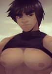  1boy artist_request bara bare_pectorals black_hair black_tank_top clothes_lift dark-skinned_male dark_skin highres huge_eyebrows i_started_working_out_to_be_healthier_now_my_tits_won&#039;t_let_my_shirt_down_(meme) large_pectorals male_focus meme might_guy muscular muscular_male naruto_(series) naruto_shippuuden nipples pectoral_focus pectorals scar scar_on_chest shirt_lift short_hair smile solo tank_top textless_version thick_lips 