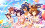  5girls animal_ears aston_machan_(haute_couture_memory)_(umamusume) aston_machan_(umamusume) balloon breasts brown_hair cleavage collarbone crown daiwa_scarlet_(something_blue)_(umamusume) daiwa_scarlet_(umamusume) dark-skinned_female dark_skin dress hair_between_eyes hair_ornament hishi_amazon_(hungry_veil)_(umamusume) hishi_amazon_(umamusume) horse_ears horse_girl horse_tail large_breasts long_hair medium_hair multiple_girls nishino_flower_(sweet_juneberry)_(umamusume) nishino_flower_(umamusume) official_alternate_costume official_art petals rainbow ribbon sky tail tiara umamusume vodka_(heart_ignition!!)_(umamusume) vodka_(umamusume) wedding_dress 