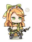  1girl armor bow bow_(weapon) chibi coat commentary_request crop_top etie_(fire_emblem) fire_emblem fire_emblem_engage full_body greaves green_bow green_coat green_eyes green_pants hair_bow holding holding_bow_(weapon) holding_weapon komurice long_hair long_sleeves midriff navel orange_hair pants simple_background smile solo sports_bra standing stomach tiara weapon white_background 