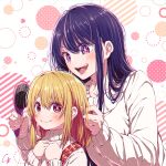  2girls 4b-enpitsu blonde_hair blush brushing_another&#039;s_hair brushing_hair chromatic_aberration closed_mouth commentary film_grain hair_between_eyes hair_brush halftone_texture highres hoshino_ai_(oshi_no_ko) hoshino_ruby long_hair long_sleeves mismatched_pupils mother_and_daughter multiple_girls open_mouth oshi_no_ko pink_eyes purple_eyes purple_hair shadow sidelocks signature smile star-shaped_pupils star_(symbol) sweater symbol-shaped_pupils teeth upper_body upper_teeth_only wavy_mouth white_sweater 