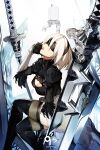  1girl 2b_(nier:automata) babyg_wong black_blindfold black_footwear black_gloves black_headband black_shirt blindfold boots breasts cleavage cleavage_cutout closed_mouth clothing_cutout gloves hair_between_eyes head_tilt headband highres long_sleeves medium_breasts nier:automata nier_(series) planted planted_sword pod_(nier:automata) shirt short_hair sitting solo sword thigh_boots weapon white_hair 