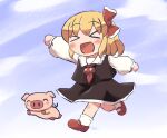  &gt;_&lt; 1girl animal black_skirt black_vest blonde_hair blush collared_shirt full_body hair_ribbon long_sleeves open_mouth pig red_footwear red_ribbon ribbon rokugou_daisuke rumia shirt shoes short_hair signature skirt smile socks solo touhou vest white_shirt white_socks 