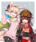  2girls animal_ears black_ribbon blonde_hair family_crest fate/grand_order fate_(series) food food_in_mouth gloves hair_ribbon hat hi_(wshw5728) highres holding holding_food jacket military_hat multiple_girls oda_nobunaga_(fate) oda_uri okita_souji_(fate) open_mouth red_eyes ribbon scarf simple_background snow snowing sweater twitter_username yellow_eyes 