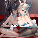  2girls animal_ears ass asuna_(blue_archive) asuna_(bunny)_(blue_archive) bare_shoulders black_hair black_pantyhose blonde_hair blue_archive blush bow bowtie breast_press breasts cleavage dark-skinned_female dark_skin detached_collar fake_animal_ears fake_tail feet fishnet_pantyhose fishnets gloves grin halo highres karin_(blue_archive) karin_(bunny)_(blue_archive) kneeling legs long_hair looking_at_viewer mole mole_on_breast multiple_girls mvv no_shoes official_alternate_costume pantyhose ponytail rabbit_tail sideboob smile soles symmetrical_docking tail thighband_pantyhose very_long_hair white_gloves wrist_cuffs yellow_eyes 