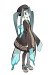  1girl ah_211 black_headwear blue_eyes blue_hair blue_wings brown_dress brown_footwear brown_necktie bug_miku_(project_voltage) butterfly_wings commentary_request dress eyeshadow fake_wings full_body grey_eyeshadow hair_between_eyes hat hatsune_miku highres korean_commentary long_hair long_sleeves looking_at_viewer makeup necktie parted_lips pokemon project_voltage shoes simple_background solo standing twintails very_long_hair vocaloid white_background wings 