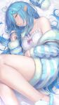  1girl absurdres ahoge bare_legs blue_hair breasts camisole cleavage coat daifuku_(yukihana_lamy) hair_ornament hairclip heart heart_ahoge highres hololive large_breasts long_hair long_sleeves looking_at_viewer lying multicolored_hair on_bed on_side one_eye_closed open_clothes pointy_ears sleepwear slippers snowflake_print solo streaked_hair striped_coat tadanotarosuke virtual_youtuber yellow_eyes yukihana_lamy 