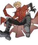  1boy black_pants blonde_hair boots coat highres iria_arts jewelry pants red_coat ring solo spiked_hair spread_legs trigun vash_the_stampede 