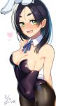  1girl animal_ears black_hair black_leotard black_thighhighs blush breasts cleavage collarbone cowboy_shot dated detached_collar fake_animal_ears fake_tail fang green_eyes hair_ornament hairclip heart highres kantai_collection kuroshio_(kancolle) leotard looking_at_viewer medium_breasts open_mouth rabbit_ears rabbit_tail short_hair simple_background smile solo strapless strapless_leotard tail taketora_suzume thighhighs white_background 