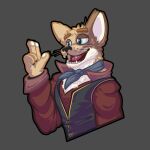  5_fingers absurd_res anthro bandanna blue_eyes brown_body brown_fur cel_shading chest_fur chest_tuft classy clothed clothing digital_media_(artwork) domestic_cat fantasy felid feline felis fingerguns fingers fur gesture hair half-length_portrait hi_res jacket kerchief looking_away luhrak male mammal markings notched_ear open_mouth outline pawpads pointing portrait relaxed_expression shaded simple_background smile solo spots spotted_markings tan_body teeth teeth_showing tongue topwear tuft whiskers white_body 