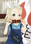  1girl belt_bag blonde_hair blue_shirt eating food forehead green_eyes hairband holding kantai_collection kebab luigi_torelli_(kancolle) makinoki official_alternate_costume overalls shirt short_hair solo upper_body white_hairband window 