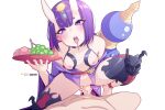  1boy 1girl barefoot_sandals bob_cut breasts cowgirl_position cup english_commentary fate/grand_order fate_(series) food fruit guided_penetration headpiece hetero horns hot_vr japanese_clothes kimono looking_at_viewer navel nipples oni oni_horns open_clothes open_kimono open_mouth patreon_username purple_eyes purple_hair purple_kimono revealing_clothes sakazuki saliva_drip sex short_eyebrows short_hair short_kimono shuten_douji_(fate) skin-covered_horns small_breasts solo_focus straddling teeth uncensored upper_teeth_only vaginal white_background 