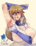  1girl arm_behind_head armpits artist_name blindhunter99 blonde_hair blue_gloves blue_nails breasts brown_eyes covered_nipples duel_academy_uniform_(yu-gi-oh!_gx) fingerless_gloves gloves highres huge_breasts long_hair shadow solo spread_armpit steam sweat tenjouin_asuka upper_body yellow_background yu-gi-oh! yu-gi-oh!_gx 