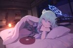  1girl absurdres animal_ear_fluff animal_ears architecture artist_request bath_yukata bed_invitation blue_archive blue_halo blush breasts choko_(cup) cleavage come_hither crossed_bangs cup east_asian_architecture extra_ears floor_lamp futon game_cg green_eyes green_hair grey_kimono hair_between_eyes halo hand_fan hanging_scroll head_rest highres indoors japanese_clothes kimono lens_flare lifting_covers looking_at_viewer medium_hair multicolored_eyes nail_polish naked_kimono non-web_source official_alternate_costume official_art paper_fan pillow pink_eyes purple_eyes purple_nails sash scroll shigure_(blue_archive) shigure_(hot_spring)_(blue_archive) smile solo statuette tail tatami under_covers weasel_ears weasel_girl weasel_tail yagasuri yukata 