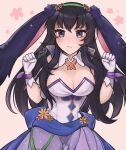  1girl animal_ears artist_name ass_visible_through_thighs black_hair breasts cleavage detached_collar fake_animal_ears fire_emblem fire_emblem:_the_blazing_blade fire_emblem_heroes gloves highres karla_(fire_emblem) karla_(spring)_(fire_emblem) large_breasts looking_at_viewer official_alternate_costume pantyhose playboy_bunny purple_eyes purrlucii rabbit_ears see-through solo white_gloves 
