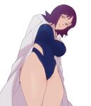  1girl blue_leotard breasts commentary from_below hands_in_pockets hanpetos jewelry lab_coat large_breasts leotard looking_at_viewer necklace philena_ivy pokemon pokemon_(anime) pokemon_(classic_anime) purple_eyes purple_hair solo symbol-only_commentary 