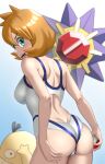 1girl absurdres ass blush breasts commentary_request competition_swimsuit embarrassed from_behind gint=ktouka green_eyes highres holding holding_poke_ball looking_at_viewer medium_breasts misty_(pokemon) one-piece_swimsuit open_mouth orange_hair poke_ball poke_ball_(basic) pokemon pokemon_(creature) pokemon_(game) pokemon_hgss psyduck short_hair starmie swimsuit teeth upper_teeth_only 