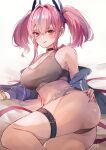  :q ass azur_lane bare_shoulders blue_jacket bracelet breasts bremerton_(azur_lane) commentary_request ear_piercing grey_hair hair_ornament jacket jewelry large_breasts long_hair long_sleeves looking_at_viewer lying multicolored_hair nail_polish navel navel_piercing off_shoulder on_side piercing pink_hair sea_nami smile streaked_hair thigh_strap thighs tongue tongue_out twintails 