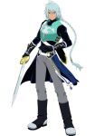  1boy aqua_hair armor black_gloves blue_eyes boots braid english_commentary full_body gloves grey_pants highres holding holding_sword holding_weapon long_hair male_focus official_art pants sword tales_of_(series) tales_of_asteria tales_of_rebirth transparent_background veigue_lungberg weapon 