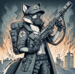  anthro black_and_white canid canine clothed clothing flamethrower fox gas_mask male mammal mask monochrome ranged_weapon smoke unknown_artist weapon 