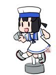  artist_logo black_hair blue_sailor_collar bob_cut daitou_(kancolle) depth_charge dress hat kantai_collection kutone_shirika looking_at_viewer low_ponytail no_humans parody sailor_collar sailor_dress sailor_hat shoes short_hair short_ponytail short_sleeves sign simple_background smile solid_oval_eyes tobidashi-bouya uwabaki white_background white_dress white_headwear 