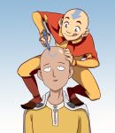  2boys :p aang avatar:_the_last_airbender avatar_legends bald bodysuit cape closed_mouth commentary crossover english_commentary hairstyle_connection hand_on_another&#039;s_head highres jumpsuit multiple_boys one-punch_man open_mouth pen red_cape saitama_(one-punch_man) smile tanya_buka tattoo tongue tongue_out white_cape yellow_bodysuit yellow_jumpsuit 
