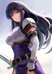 1girl armor armored_dress ayra_(fire_emblem) belt belt_buckle black_eyes black_hair breastplate brown_belt buckle closed_mouth commentary dress expressionless fire_emblem fire_emblem:_genealogy_of_the_holy_war floating_hair highres holding holding_sword holding_weapon labebebe_lee long_hair looking_at_viewer pauldrons pelvic_curtain purple_dress shoulder_armor solo sword weapon 