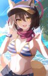  1girl :d absurdres animal_ear_fluff animal_ears bangs beach bikini blue_archive breasts brown_hair cleavage cloud cloudy_sky coconut_tree cowboy_shot day double_fox_shadow_puppet eyelashes fang fox_ears fox_girl fox_shadow_puppet fox_tail halo hanma_(user_emma7355) highres izuna_(blue_archive) izuna_(swimsuit)_(blue_archive) large_breasts light_blush light_rays looking_at_viewer medium_hair navel open_mouth outdoors palm_tree red_scarf scarf shadow short_shorts shorts skin_fang sky smile solo striped striped_bikini sunlight swimsuit tail tree visor_cap yellow_eyes 