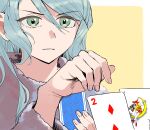  1girl aqua_hair bang_dream! border card closed_mouth commentary expressionless green_eyes hair_between_eyes highres hikawa_sayo long_hair long_sleeves playing_card solo_focus upper_body white_border yellow_background zihacheol 