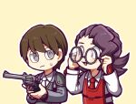  2boys @_@ armor breastplate brown_hair closed_mouth collared_shirt commentary_request employee_(lobotomy_corporation) eyebrows_hidden_by_hair frown glasses grey_eyes grey_jacket gun half-closed_eyes hatake_shimeji holding holding_eyewear holding_gun holding_weapon jacket lobotomy_corporation long_sleeves male_focus multiple_boys necktie no_nose open_mouth outline project_moon purple_hair red_necktie shirt short_hair shoulder_armor simple_background smile traditional_media weapon white_jacket white_necktie white_outline white_shirt yellow_background 