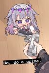  1girl animal_ears bare_shoulders blue_hair blush chibi collar crystal detached_collar dress english_text go_do_a_crime_(meme) grey_hair gun hair_between_eyes hair_ornament handgun highres holding holding_gun holding_weapon hololive hololive_english koseki_bijou kukie-nyan long_hair long_sleeves meme multicolored_hair open_mouth pink_hair purple_eyes shiori_novella smile virtual_youtuber weapon white_dress wooden_floor 