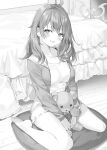  1girl absurdres ahoge bare_legs barefoot bed bed_sheet between_legs blush collarbone crossed_bangs frilled_shorts frills greyscale hair_between_eyes hair_intakes hair_over_shoulder head_tilt highres holding holding_stuffed_toy hood hooded_sweater indoors looking_at_viewer mariya_mikhailovna_kujou messy_hair momoko_(momopoco) monochrome on_pillow open_mouth pajamas pillow shirt short_shorts shorts sitting smile solo stuffed_animal stuffed_toy sweater sweater_vest teddy_bear tokidoki_bosotto_roshia-go_de_dereru_tonari_no_arya-san unzipped wariza window 