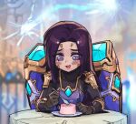  1girl :d alternate_costume blush brown_gloves food gloves holding holding_spoon kai&#039;sa league_of_legends long_hair long_sleeves multicolored_background phantom_ix_row plate purple_hair smile solo spoon table 