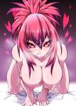  1girl all_fours blush breasts commentary_request cum cum_on_body dark_persona hair_between_eyes heart heart_in_eye highres jin_(mugenjin) large_breasts leona_heidern licking_lips looking_at_viewer nipples nude orochi_leona ponytail red_eyes red_hair solo stained_sheets steaming_body sweat symbol_in_eye the_king_of_fighters tongue tongue_out 